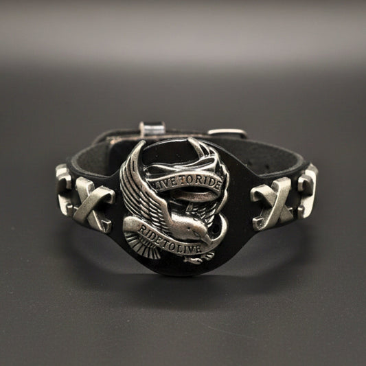 THE MEN THING Leather Bracelet RIDESOUL EAGLE - 17mm Black Genuine Leather Adjustable Bracelet for Men & Boys (9.8 inch)