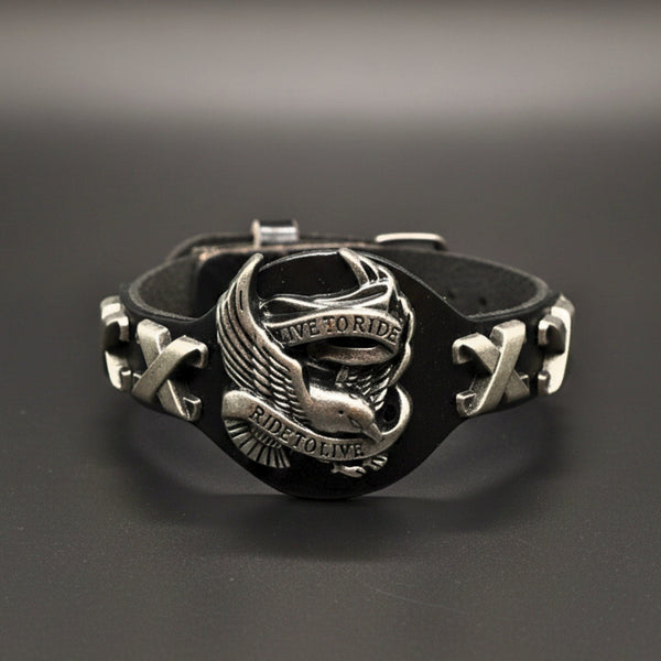 RIDESOUL EAGLE - 17mm Black Genuine Leather Adjustable Bracelet for Men & Boys (9.8 inch)