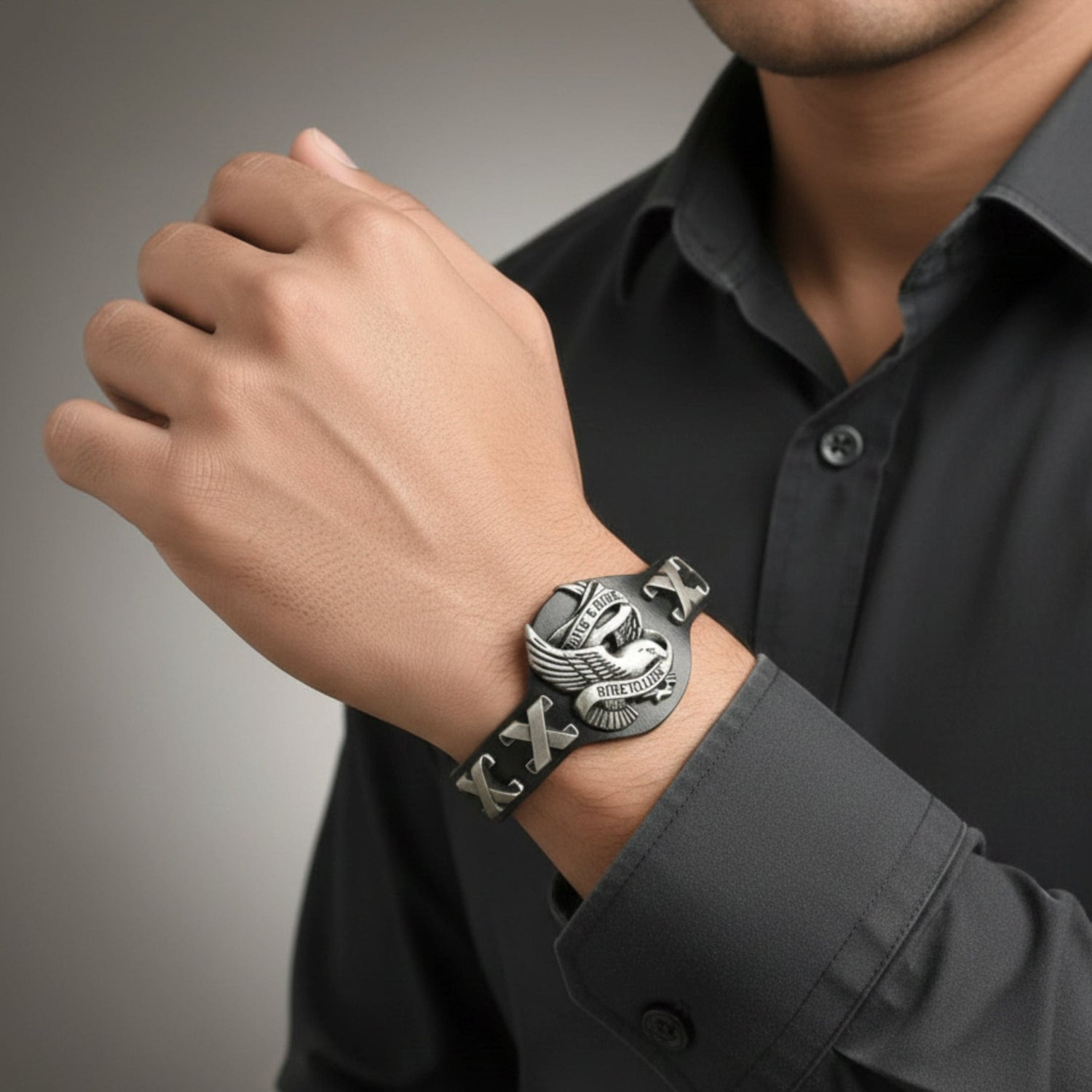 THE MEN THING Leather Bracelet RIDESOUL EAGLE - 17mm Black Genuine Leather Adjustable Bracelet for Men & Boys (9.8 inch)