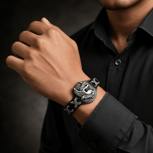 THE MEN THING Leather Bracelet RIDESOUL EAGLE - 17mm Black Genuine Leather Adjustable Bracelet for Men & Boys (9.8 inch)