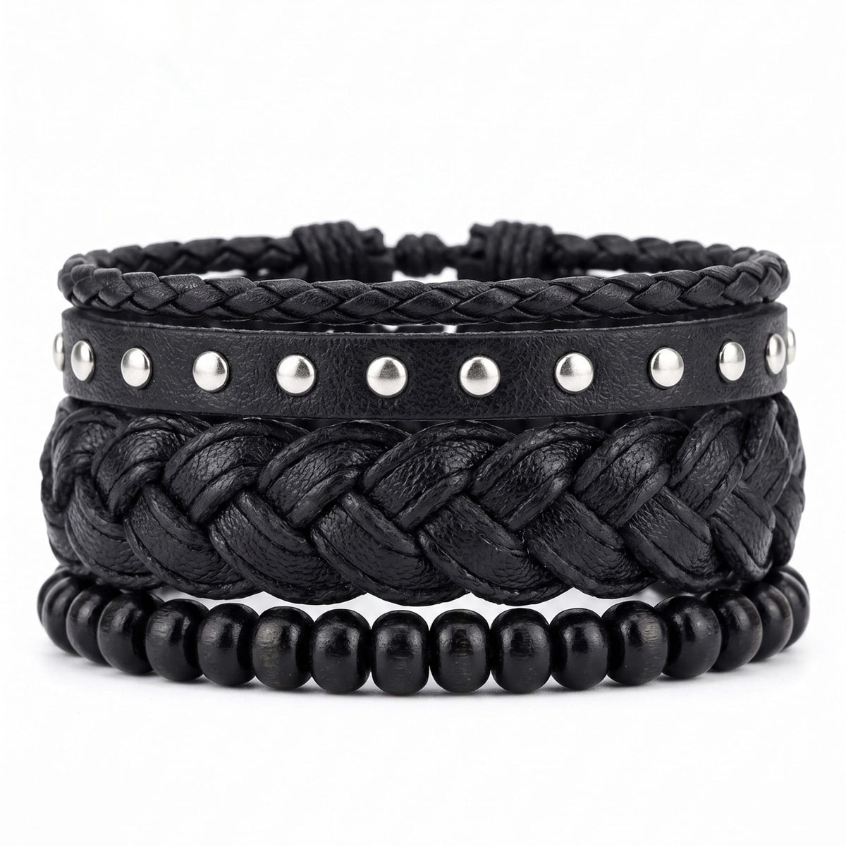 THE MEN THING Leather Bracelet RIVET BRAID - 3Pcs Genuine Leather Adjustable Bracelets Set for Men & Boys