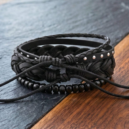 THE MEN THING Leather Bracelet RIVET BRAID - 3Pcs Genuine Leather Adjustable Bracelets Set for Men & Boys