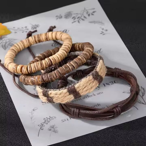 ROAMER’S BAND - 4 Pcs Genuine Braided Leather Bracelet Set for Men & Boys (8 inch)