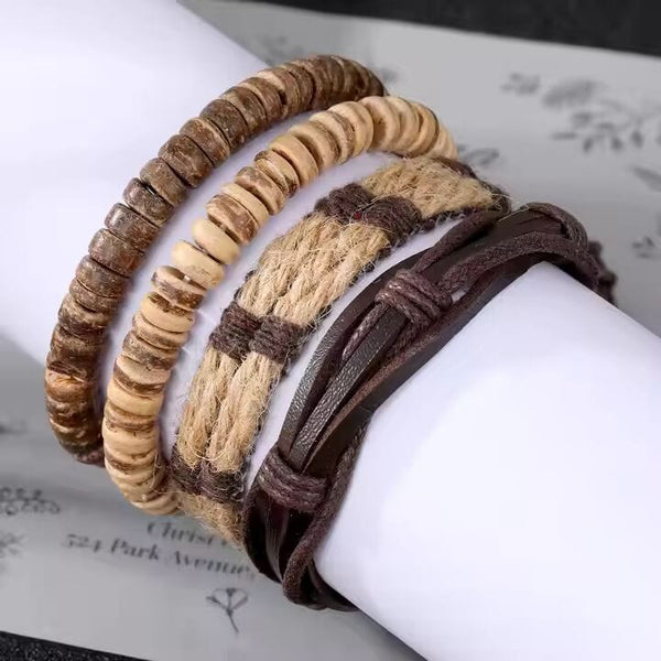 ROAMER’S BAND - 4 Pcs Genuine Braided Leather Bracelet Set for Men & Boys (8 inch)