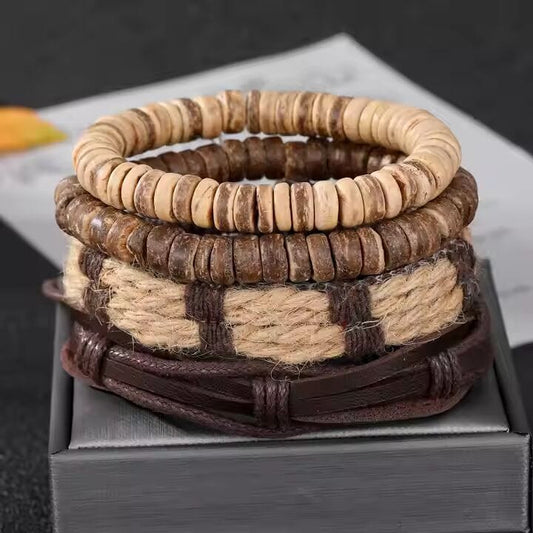 THE MEN THING Leather Bracelet ROAMER’S BAND - 4 Pcs Genuine Braided Leather Bracelet Set for Men & Boys (8 inch)