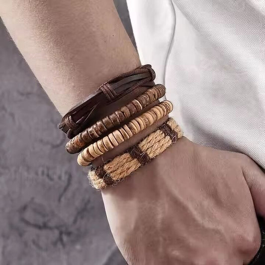 THE MEN THING Leather Bracelet ROAMER’S BAND - 4 Pcs Genuine Braided Leather Bracelet Set for Men & Boys (8 inch)
