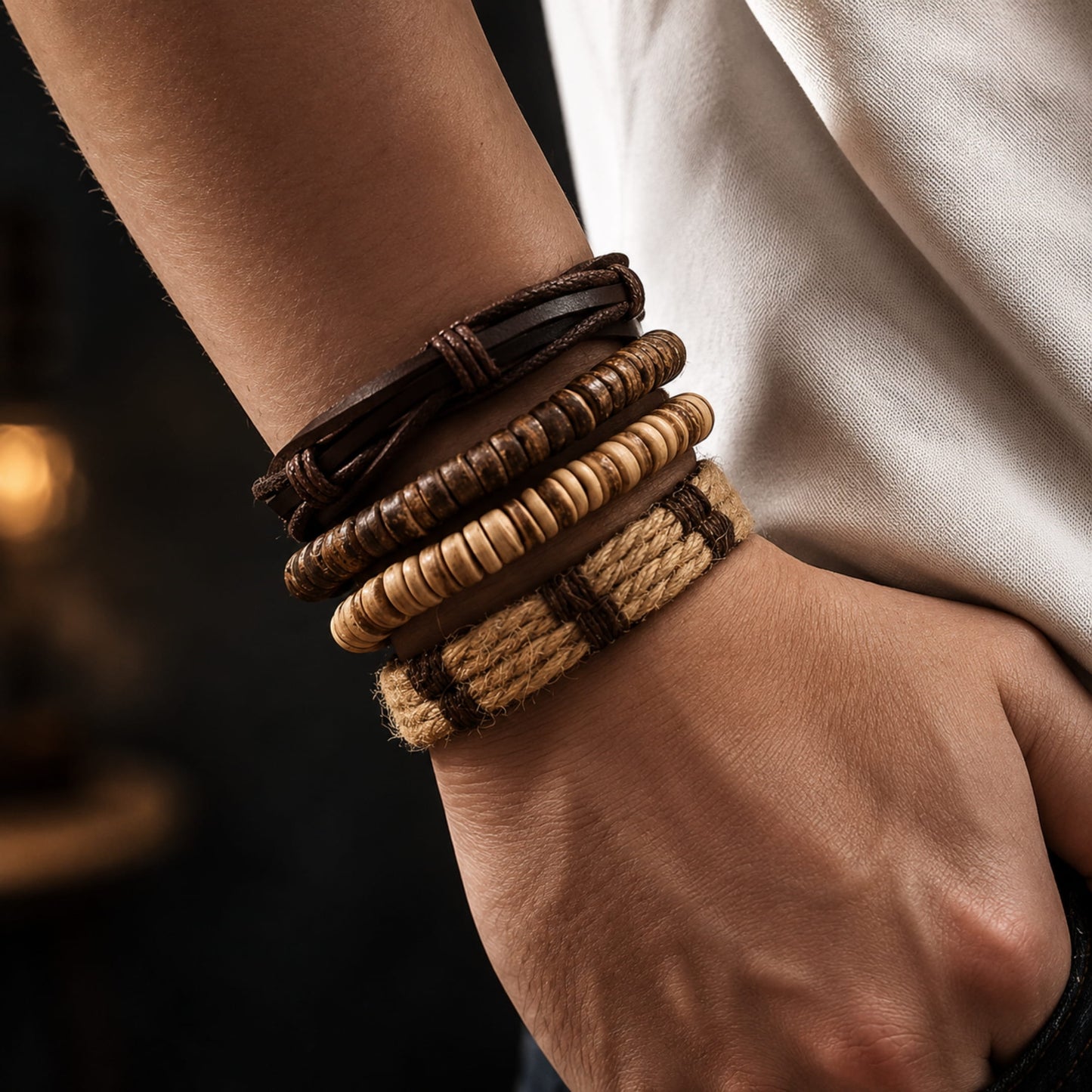 THE MEN THING Leather Bracelet ROAMER’S BAND - 4 Pcs Genuine Braided Leather Bracelet Set for Men & Boys (8 inch)