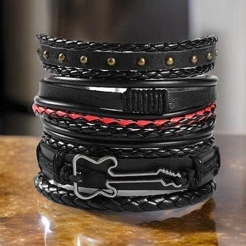 ROCKSTRAP -  5 Pcs Genuine Braided Leather Bracelet Set for Men & Boys (8 inch)