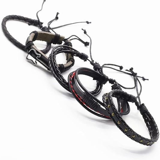 THE MEN THING Leather Bracelet ROCKSTRAP -  5 Pcs Genuine Braided Leather Bracelet Set for Men & Boys (8 inch)