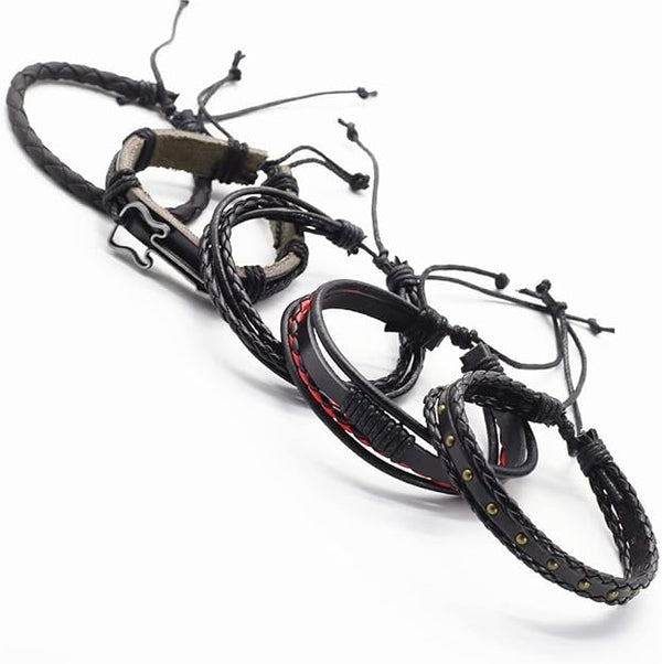 ROCKSTRAP -  5 Pcs Genuine Braided Leather Bracelet Set for Men & Boys (8 inch)