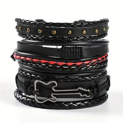 ROCKSTRAP -  5 Pcs Genuine Braided Leather Bracelet Set for Men & Boys (8 inch)