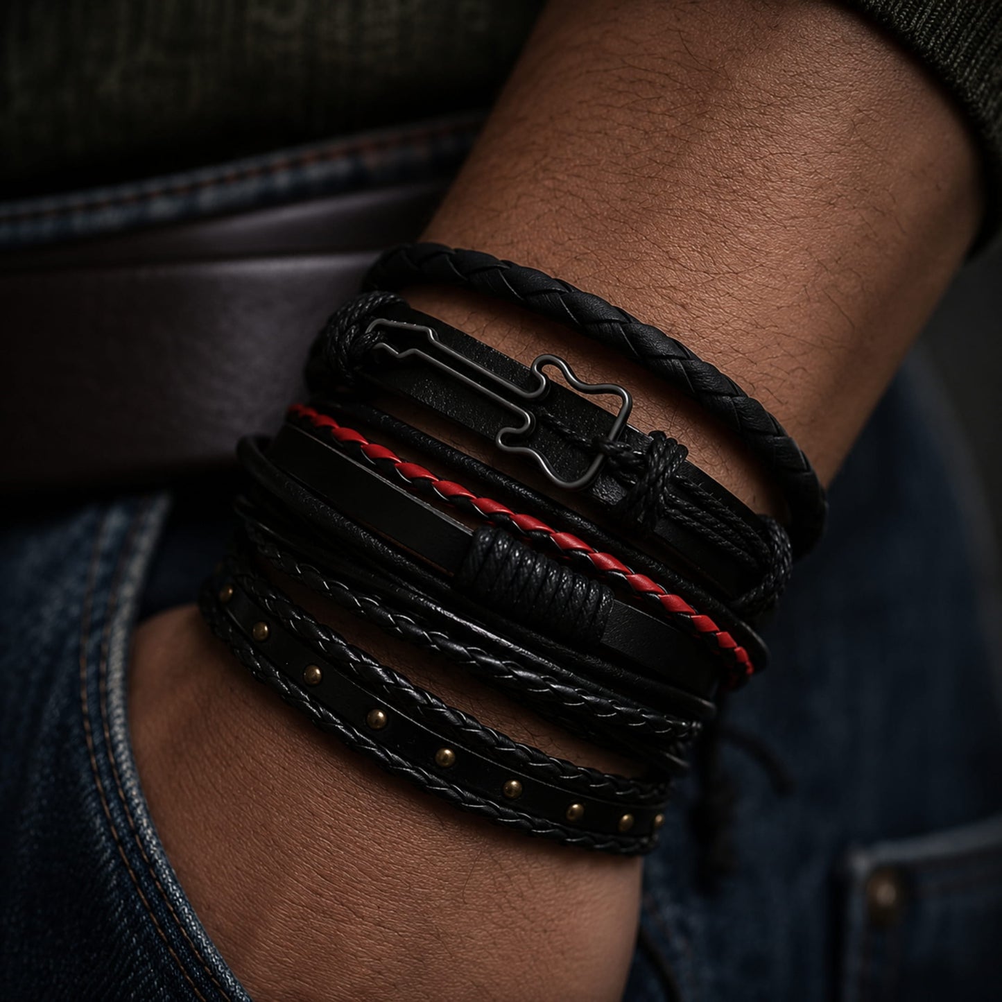 THE MEN THING Leather Bracelet ROCKSTRAP -  5 Pcs Genuine Braided Leather Bracelet Set for Men & Boys (8 inch)