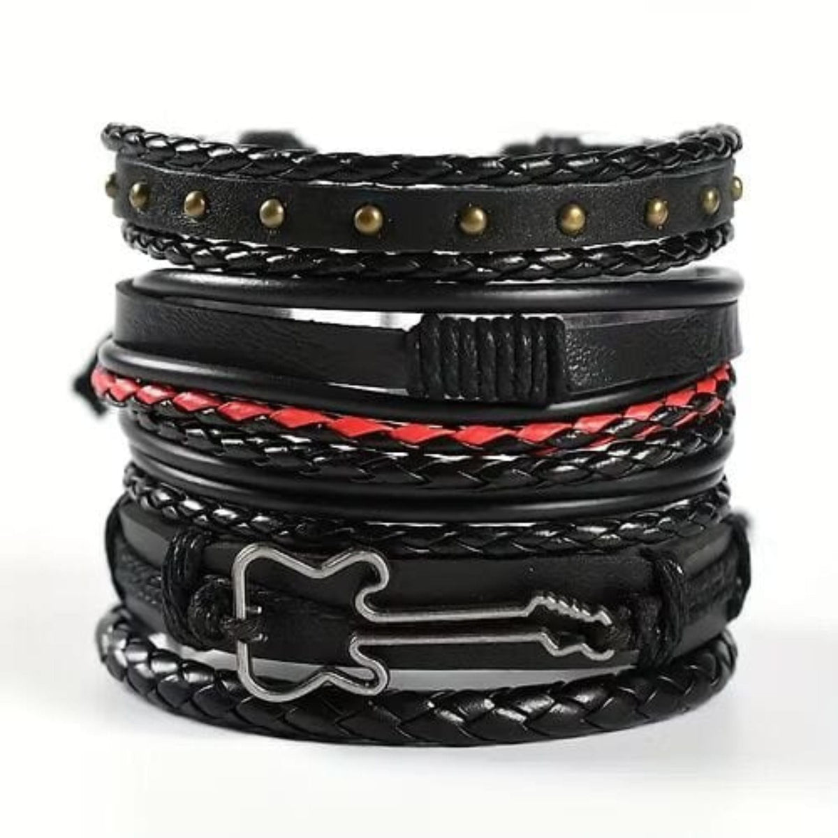 THE MEN THING Leather Bracelet ROCKSTRAP -  5 Pcs Genuine Braided Leather Bracelet Set for Men & Boys (8 inch)