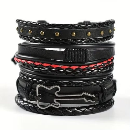 THE MEN THING Leather Bracelet ROCKSTRAP -  5 Pcs Genuine Braided Leather Bracelet Set for Men & Boys (8 inch)