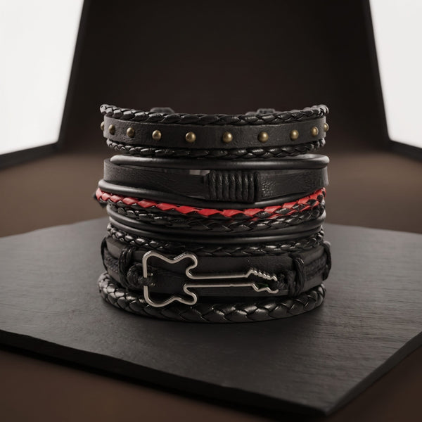 ROCKSTRAP -  5 Pcs Genuine Braided Leather Bracelet Set for Men & Boys (8 inch)