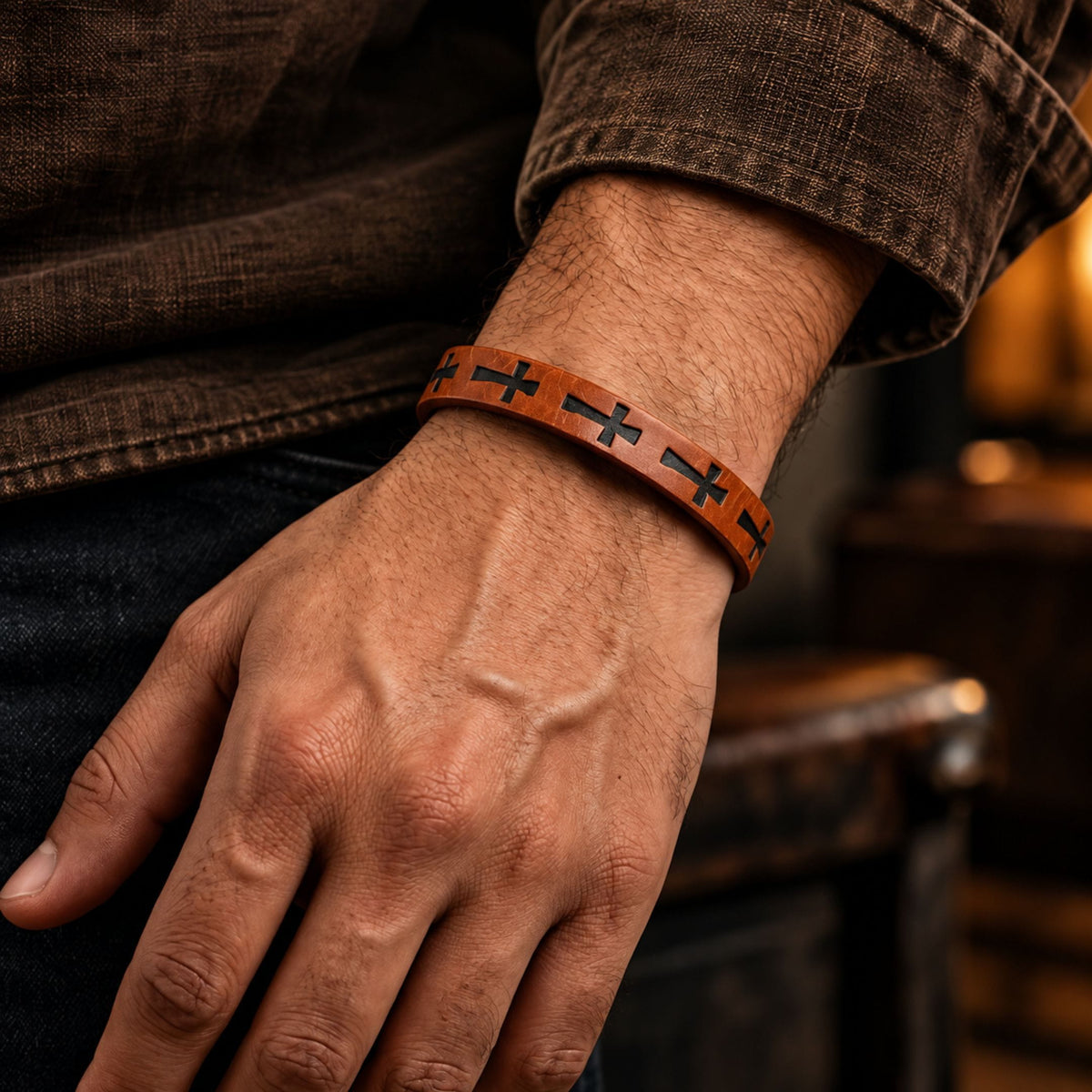 THE MEN THING Leather Bracelet ROGUE BROWN CROSS - 10mm Genuine Leather Bracelet with Stainless Steel Magnetic Buckle for Men & Boys (8.5 inch)