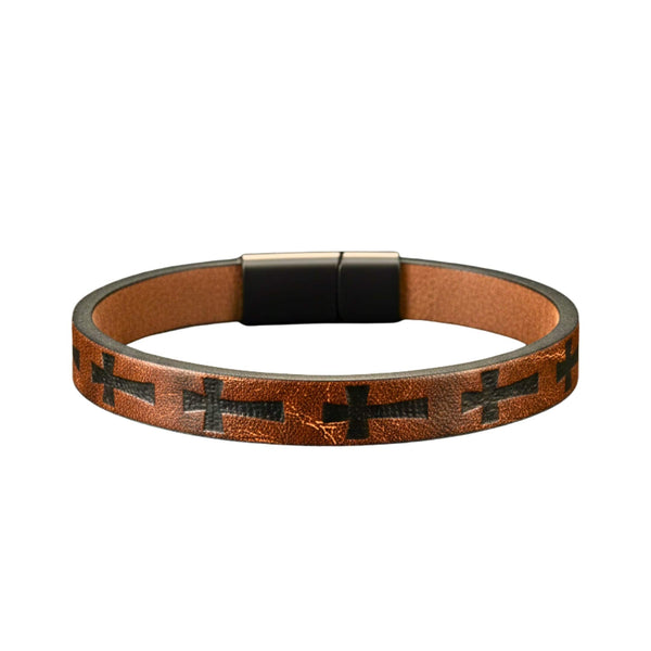 ROGUE DARK BROWN CROSS - 10mm Genuine Leather Bracelet with Stainless Steel Magnetic Buckle for Men & Boys (8.5 inch)