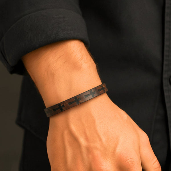 ROGUE DARK BROWN CROSS - 10mm Genuine Leather Bracelet with Stainless Steel Magnetic Buckle for Men & Boys (8.5 inch)