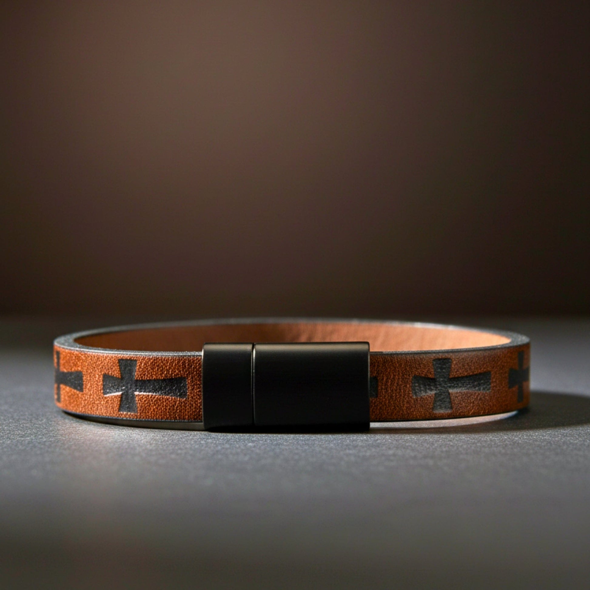 THE MEN THING Leather Bracelet ROGUE DARK BROWN CROSS - 10mm Genuine Leather Bracelet with Stainless Steel Magnetic Buckle for Men & Boys (8.5 inch)