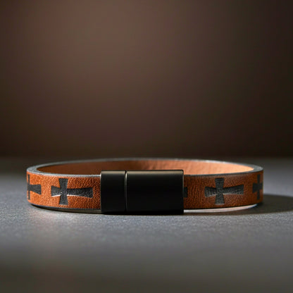 THE MEN THING Leather Bracelet ROGUE DARK BROWN CROSS - 10mm Genuine Leather Bracelet with Stainless Steel Magnetic Buckle for Men & Boys (8.5 inch)