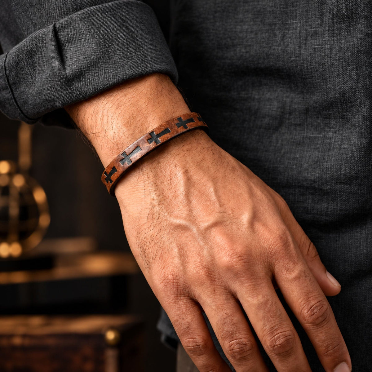 THE MEN THING Leather Bracelet ROGUE DARK BROWN CROSS - 10mm Genuine Leather Bracelet with Stainless Steel Magnetic Buckle for Men & Boys (8.5 inch)