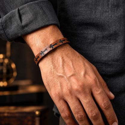 THE MEN THING Leather Bracelet ROGUE DARK BROWN CROSS - 10mm Genuine Leather Bracelet with Stainless Steel Magnetic Buckle for Men & Boys (8.5 inch)