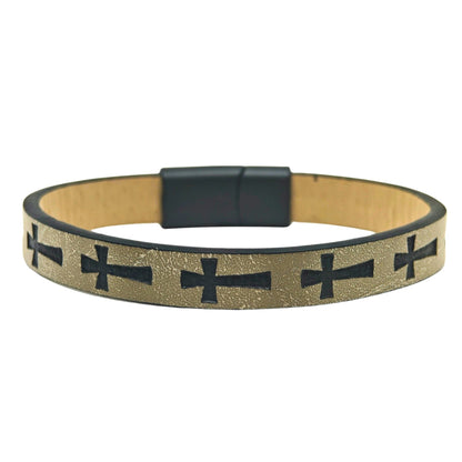 THE MEN THING Leather Bracelet ROGUE DESERT TAUPE CROSS - 10mm Genuine Leather Bracelet with Stainless Steel Magnetic Buckle for Men & Boys (8.5 inch)