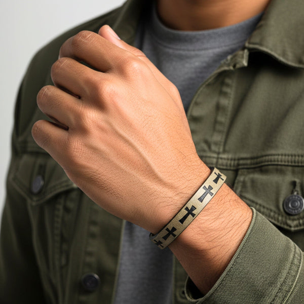 ROGUE DESERT TAUPE CROSS - 10mm Genuine Leather Bracelet with Stainless Steel Magnetic Buckle for Men & Boys (8.5 inch)