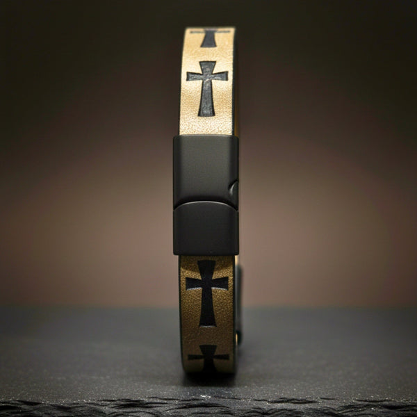 ROGUE DESERT TAUPE CROSS - 10mm Genuine Leather Bracelet with Stainless Steel Magnetic Buckle for Men & Boys (8.5 inch)