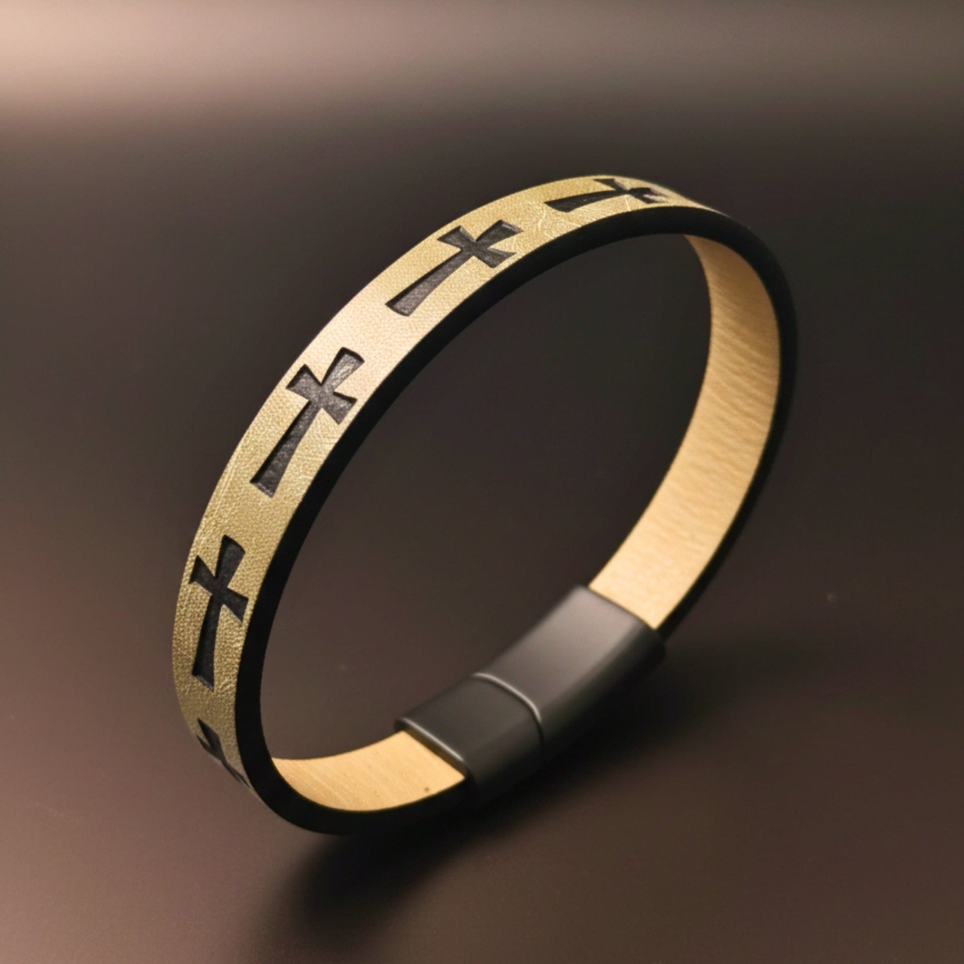 THE MEN THING Leather Bracelet ROGUE DESERT TAUPE CROSS - 10mm Genuine Leather Bracelet with Stainless Steel Magnetic Buckle for Men & Boys (8.5 inch)