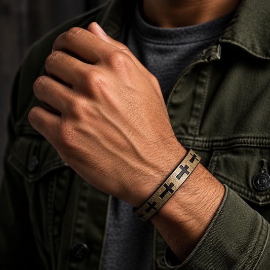 THE MEN THING Leather Bracelet ROGUE DESERT TAUPE CROSS - 10mm Genuine Leather Bracelet with Stainless Steel Magnetic Buckle for Men & Boys (8.5 inch)