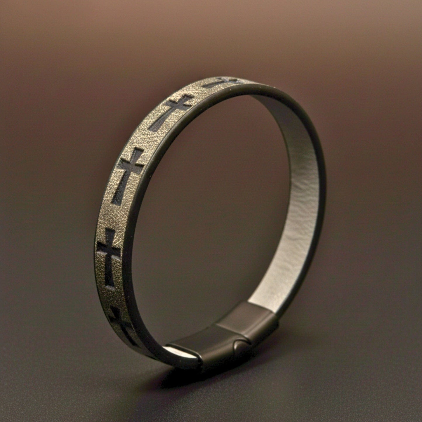 THE MEN THING Leather Bracelet ROGUE GREY CROSS - 10mm Genuine Leather Bracelet with Stainless Steel Magnetic Buckle for Men & Boys (8.5 inch)