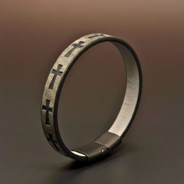 ROGUE GREY CROSS - 10mm Genuine Leather Bracelet with Stainless Steel Magnetic Buckle for Men & Boys (8.5 inch)