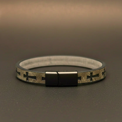 THE MEN THING Leather Bracelet ROGUE GREY CROSS - 10mm Genuine Leather Bracelet with Stainless Steel Magnetic Buckle for Men & Boys (8.5 inch)