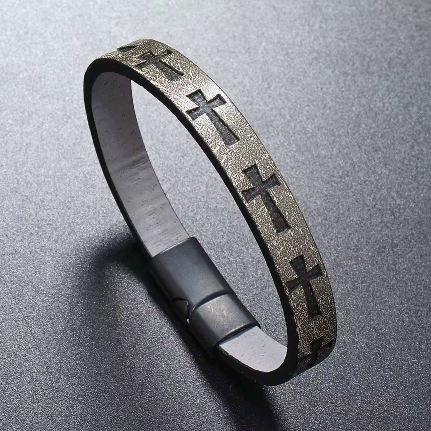 THE MEN THING Leather Bracelet ROGUE GREY CROSS - 10mm Genuine Leather Bracelet with Stainless Steel Magnetic Buckle for Men & Boys (8.5 inch)