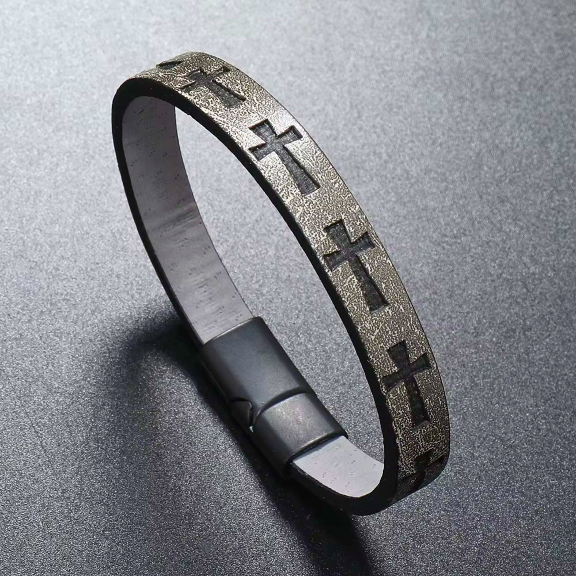 THE MEN THING Leather Bracelet ROGUE GREY CROSS - 10mm Genuine Leather Bracelet with Stainless Steel Magnetic Buckle for Men & Boys (8.5 inch)