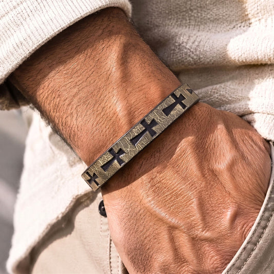 THE MEN THING Leather Bracelet ROGUE GREY CROSS - 10mm Genuine Leather Bracelet with Stainless Steel Magnetic Buckle for Men & Boys (8.5 inch)