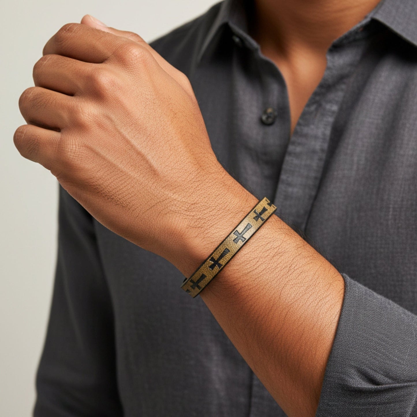 THE MEN THING Leather Bracelet ROGUE MUSTARD YELLOW CROSS - 10mm Genuine Leather Bracelet with Stainless Steel Magnetic Buckle for Men & Boys (8.5 inch)