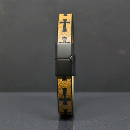 THE MEN THING Leather Bracelet ROGUE MUSTARD YELLOW CROSS - 10mm Genuine Leather Bracelet with Stainless Steel Magnetic Buckle for Men & Boys (8.5 inch)