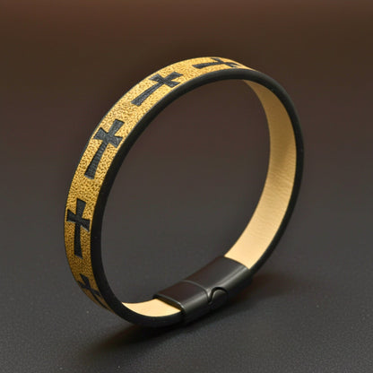 THE MEN THING Leather Bracelet ROGUE MUSTARD YELLOW CROSS - 10mm Genuine Leather Bracelet with Stainless Steel Magnetic Buckle for Men & Boys (8.5 inch)