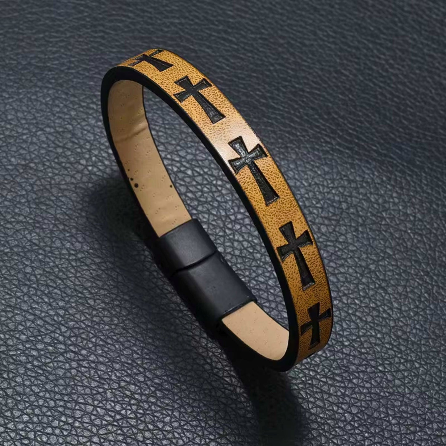 THE MEN THING Leather Bracelet ROGUE MUSTARD YELLOW CROSS - 10mm Genuine Leather Bracelet with Stainless Steel Magnetic Buckle for Men & Boys (8.5 inch)