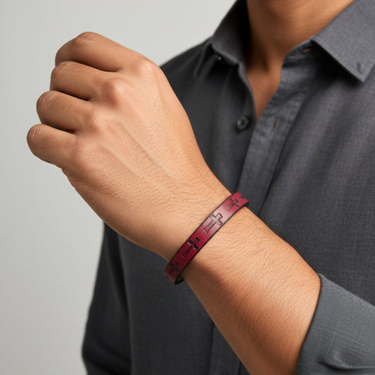 THE MEN THING Leather Bracelet ROGUE RED CROSS - 10mm Genuine Leather Bracelet with Stainless Steel Magnetic Buckle for Men & Boys (8.5 inch)