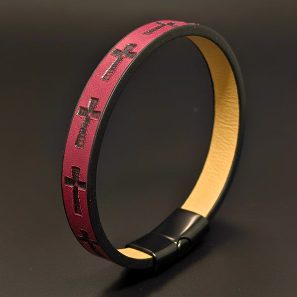 ROGUE RED CROSS - 10mm Genuine Leather Bracelet with Stainless Steel Magnetic Buckle for Men & Boys (8.5 inch)