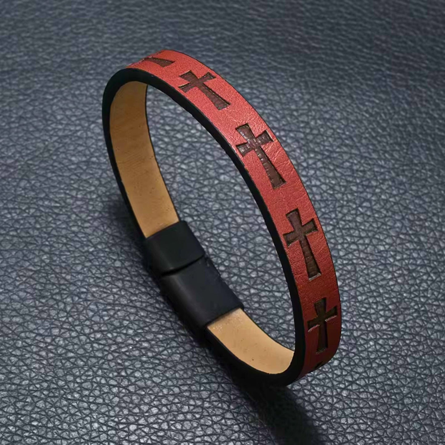 THE MEN THING Leather Bracelet ROGUE RED CROSS - 10mm Genuine Leather Bracelet with Stainless Steel Magnetic Buckle for Men & Boys (8.5 inch)
