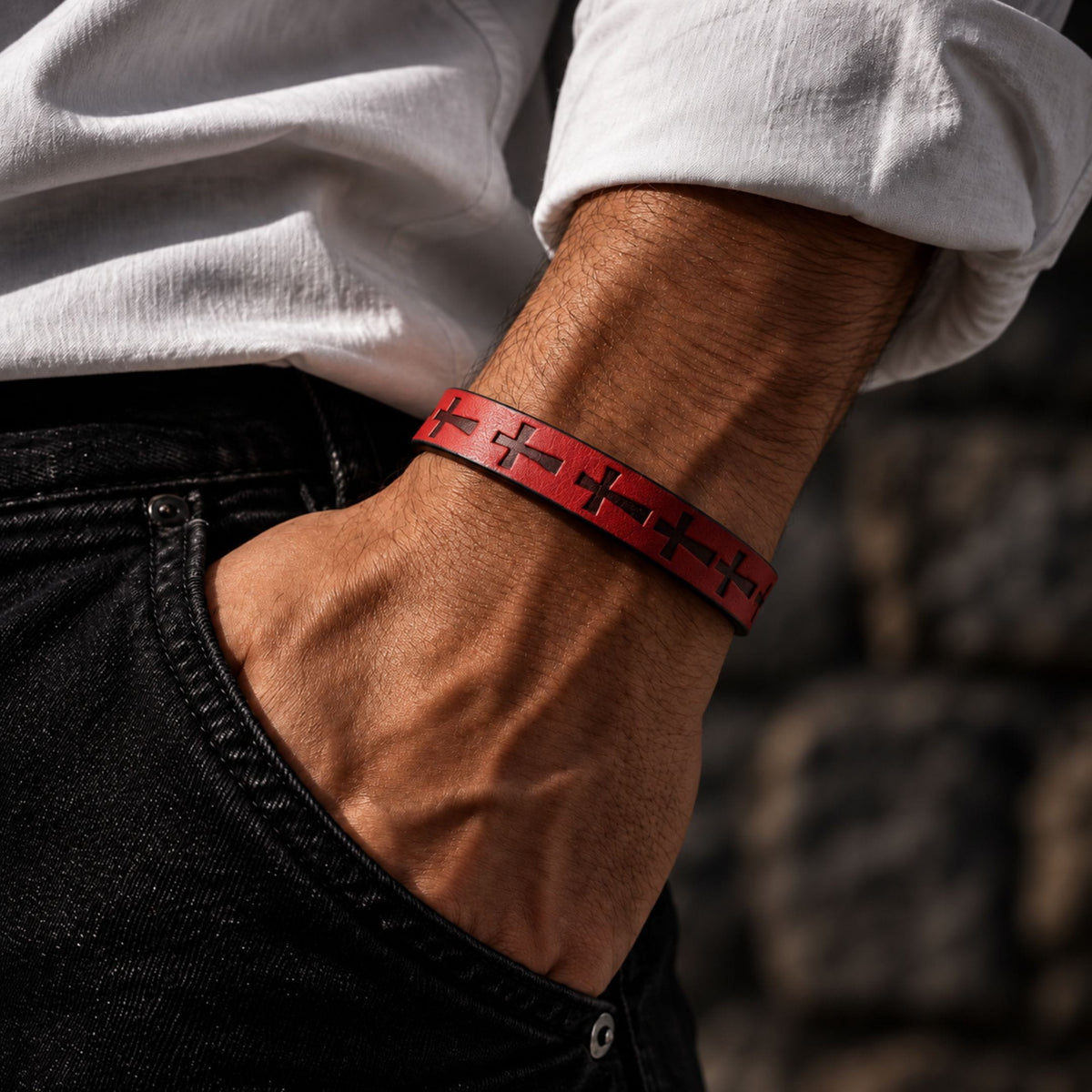 THE MEN THING Leather Bracelet ROGUE RED CROSS - 10mm Genuine Leather Bracelet with Stainless Steel Magnetic Buckle for Men & Boys (8.5 inch)