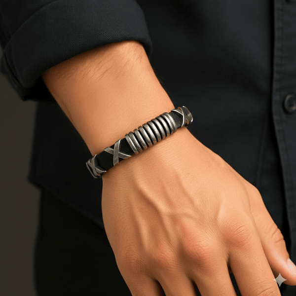 ROGUE X - 10mm Black Genuine Leather Adjustable Bracelet for Men & Boys (9.8 inch)