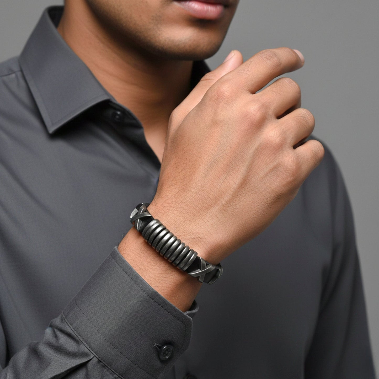 THE MEN THING Leather Bracelet ROGUE X - 10mm Black Genuine Leather Adjustable Bracelet for Men & Boys (9.8 inch)