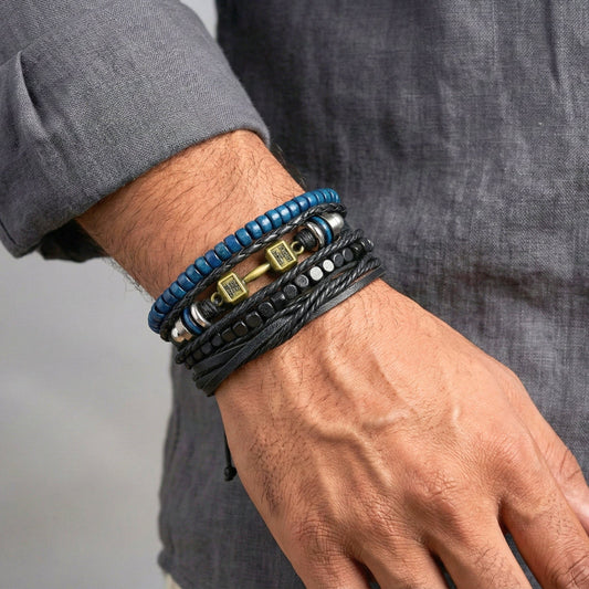 THE MEN THING Leather Bracelet ROGUEFIT - 4 Pcs Genuine Leather Adjustable Bracelet Set for Men & Boys (8 inch)