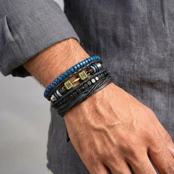 ROGUEFIT - 4 Pcs Genuine Leather Adjustable Bracelet Set for Men & Boys (8 inch)