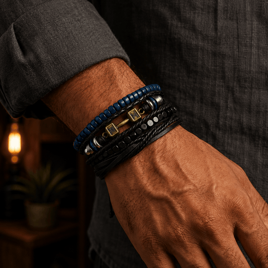 THE MEN THING Leather Bracelet ROGUEFIT - 4 Pcs Genuine Leather Adjustable Bracelet Set for Men & Boys (8 inch)